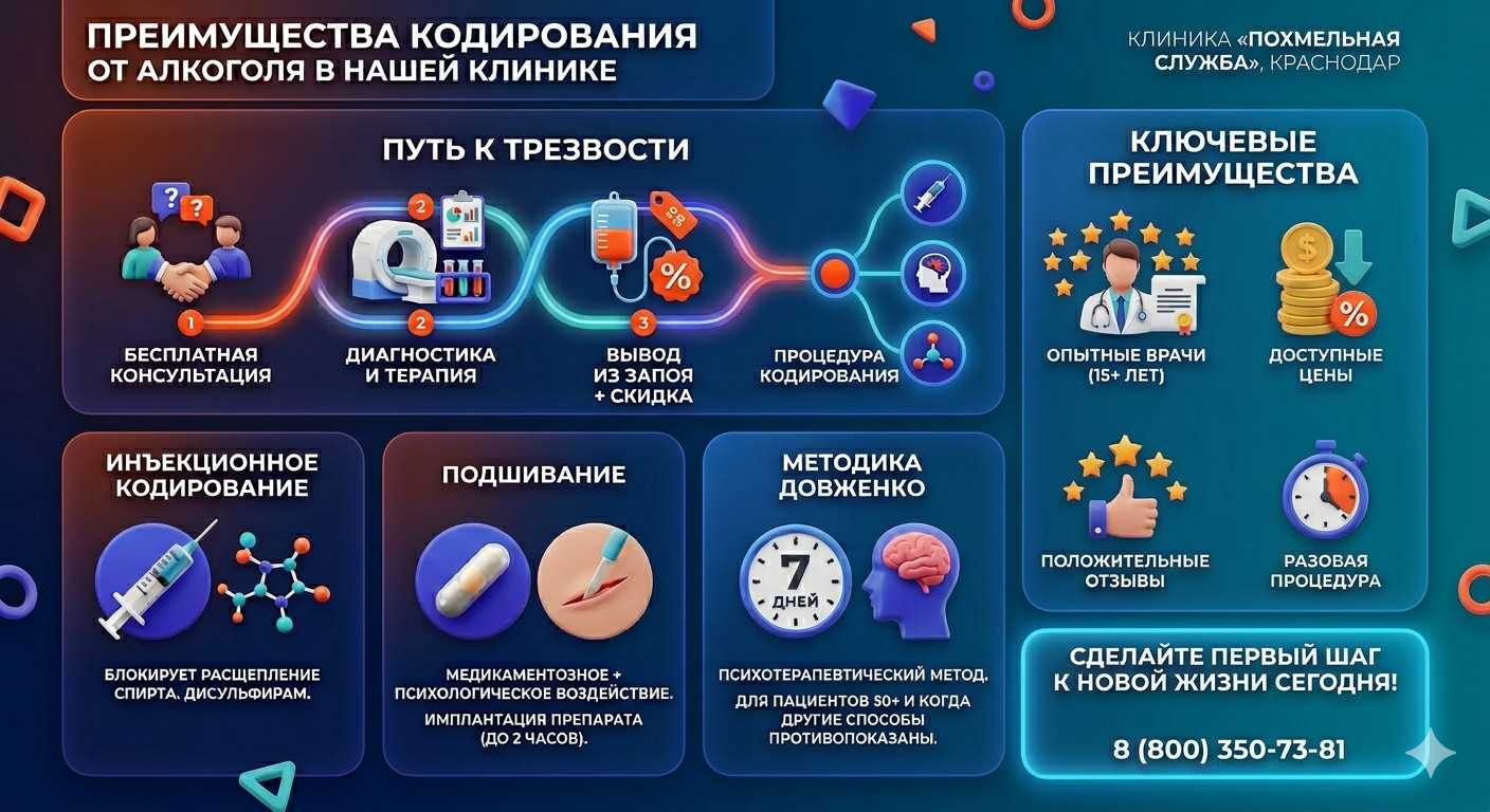Инфографика о методах кодирования от алкоголя в Комаровском: инъекции, подшивание, метод Довженко. Преимущества клиники и этапы лечения.