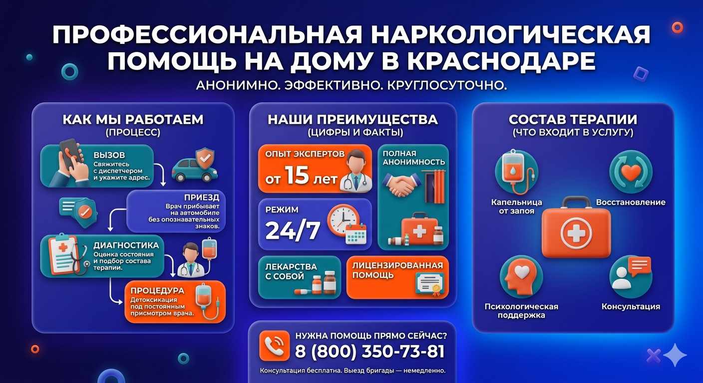 Инфографика о принципах лечения алкоголизма на дому в Комаровском: этапы вызова нарколога, преимущества анонимной детоксикации и состав медицинской помощи.